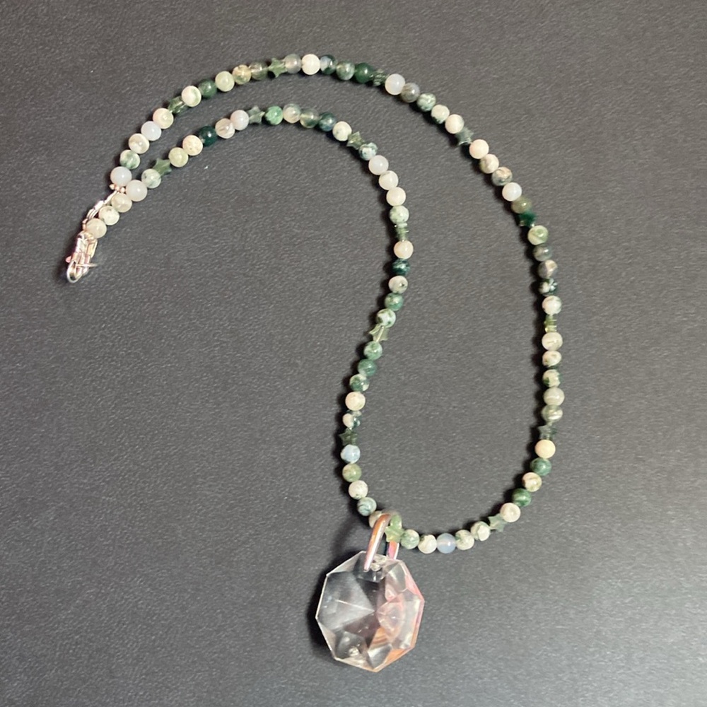 Handcrafted Moss Agate bead necklace with vintage crystal pendant